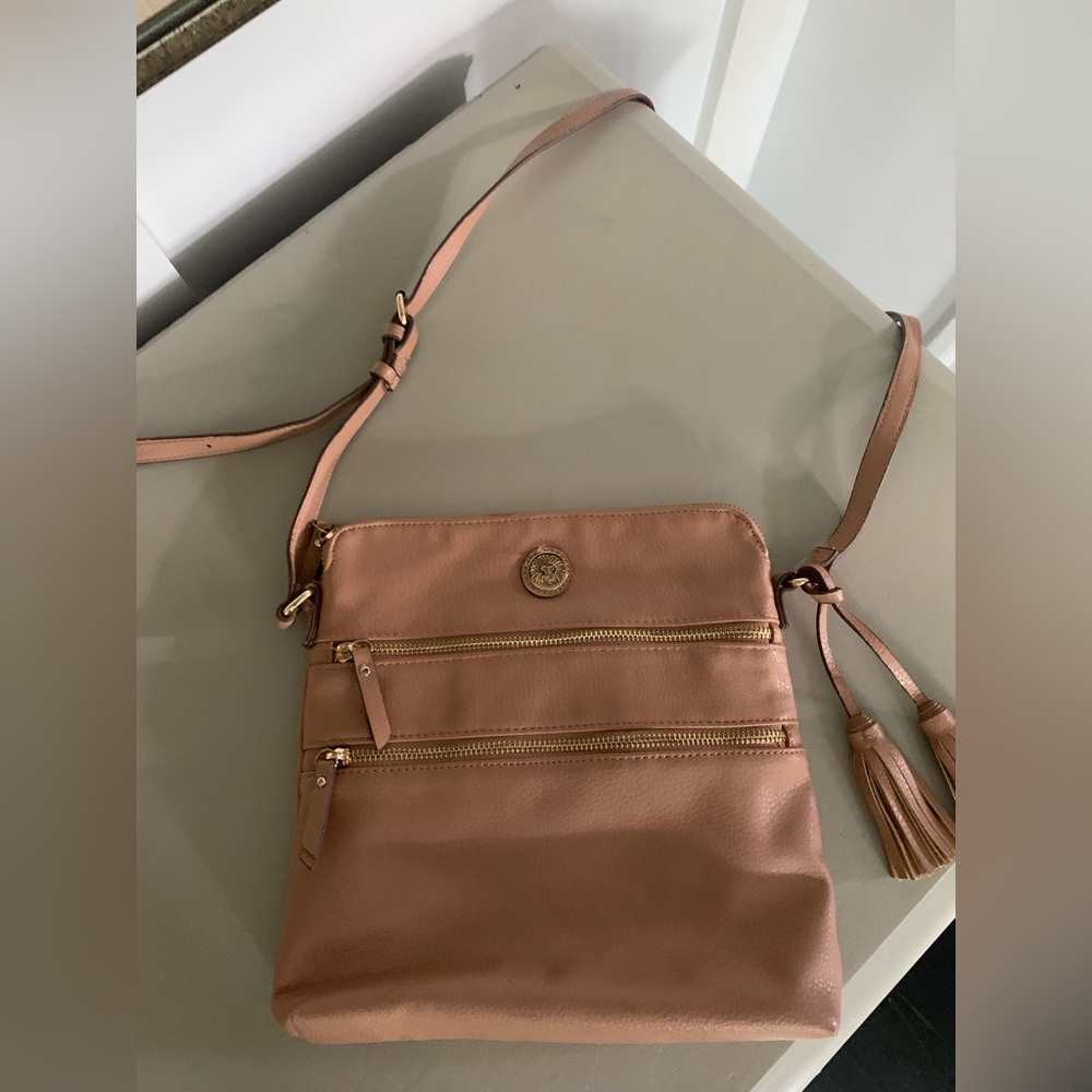 Anne Klein Neutral Taupe Leather Crossbody Multi Pockets Slots